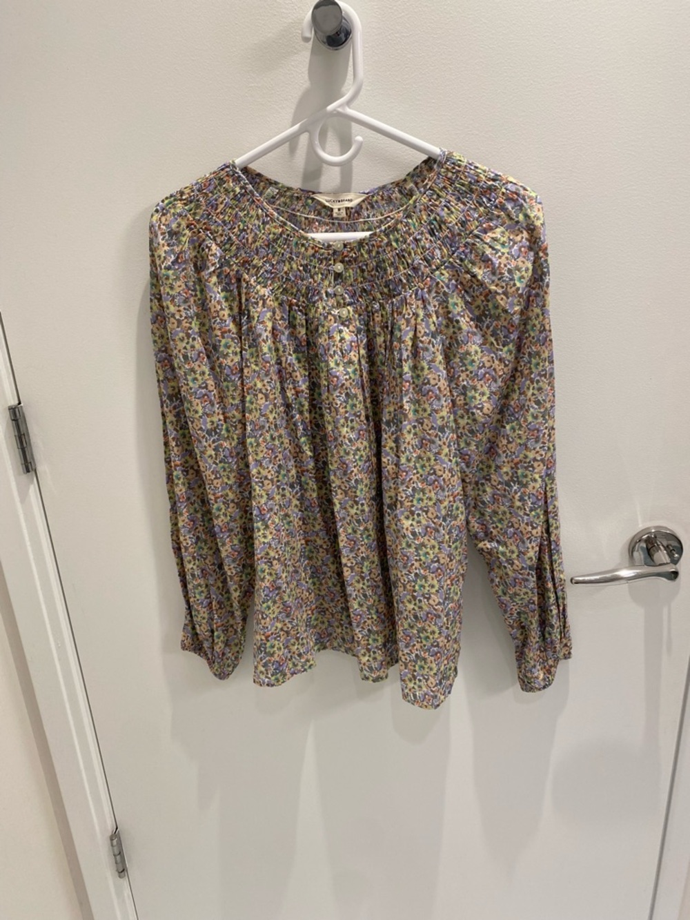 Lucky Brand smocked yoke peasant top, size M, 100% cotton, NWOT, never worn.